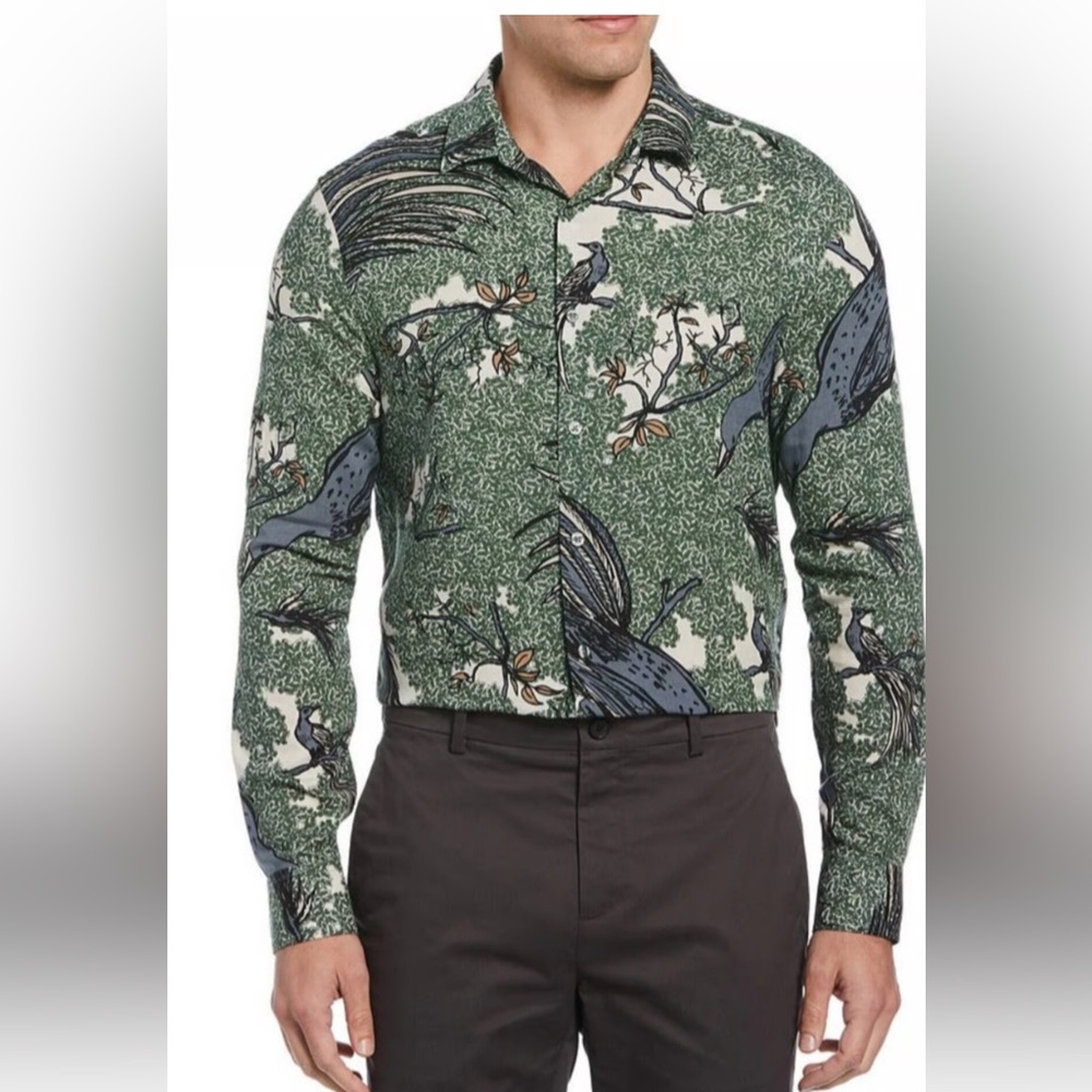 Perry Ellis Green and Blue Bird-Print Button-Down Shirt